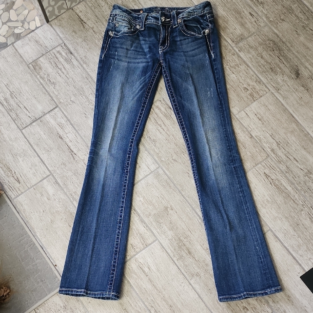 Miss Me Blue Boot Cut Jeans with Classic Flare 34 Inch Inseam